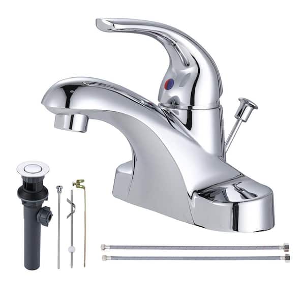 IVIGA Durable 4 in. Centerset Single Handle Mid Arc Bathroom Faucet with Lift Rod Drain and Supply Lines in Polished Chrome