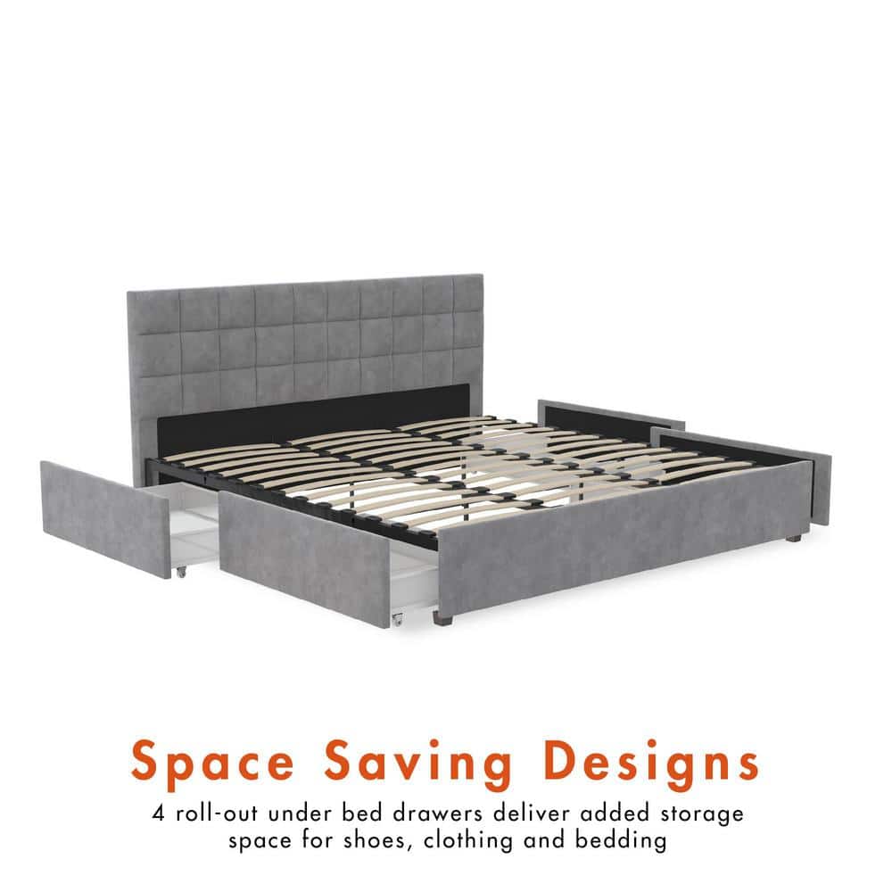 King Light Gray Velvet Upholstered Bed with Storage Drawers
