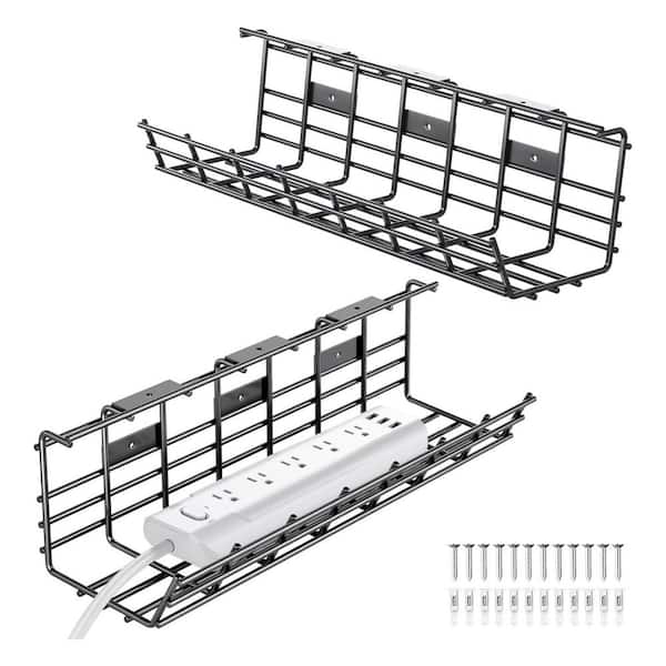 Large Metal Under Desk Cable Management Tray 2 Pack Easy Install Pre-Drilled Black Cord Organizer Office Home