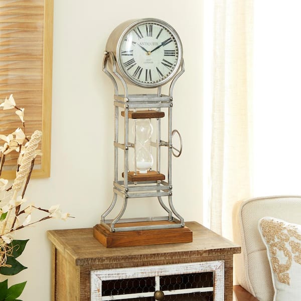 Litton Lane Gray Metal Hour Glass Analog Clock with Wood Base