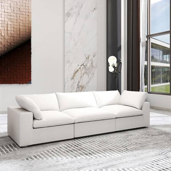 J&E Home 3-Piece Couch White Linen Modular Free Combination Sectional Sofa Living Room Set with Removable Covers