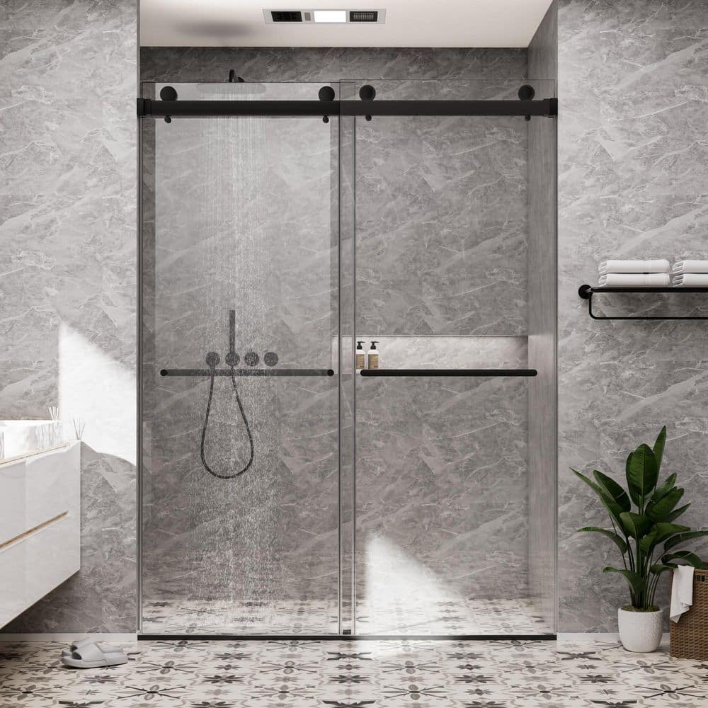 60 in. W x 72 in. H Double Sliding Frameless Shower Door in Matte Black with Smooth Sliding and 3/8 in. SGCC Clear Glass price history on PriceWatchPro