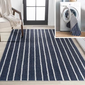 Rand Distressed Ticking Stripe Machine-Washable Navy/Ivory 3 ft. x 5 ft. Area Rug