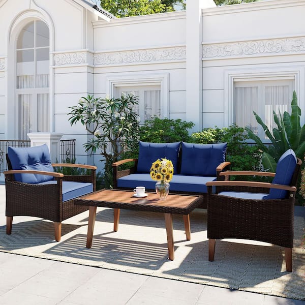 Harper & Bright Designs Brown 4-Piece Wood and Wicker Patio Conversation Set with Blue Cushions and Table Cover