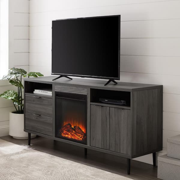 Walker Edison Furniture Company 60 in. Slate Gray Composite TV Stand with 2 Drawer Fits TVs Up to 66 in. with Electric Fireplace
