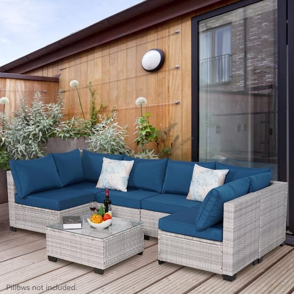 Unbranded Gray 7-Piece All-Weather Wicker Outdoor Sectional Set, Patio Conversation Set with Peacock Blue Cushions, Coffee Table