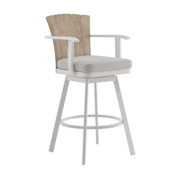 Luna Swivel Metal and Teak Wood Outdoor Bar Stool with Gray Cushion
