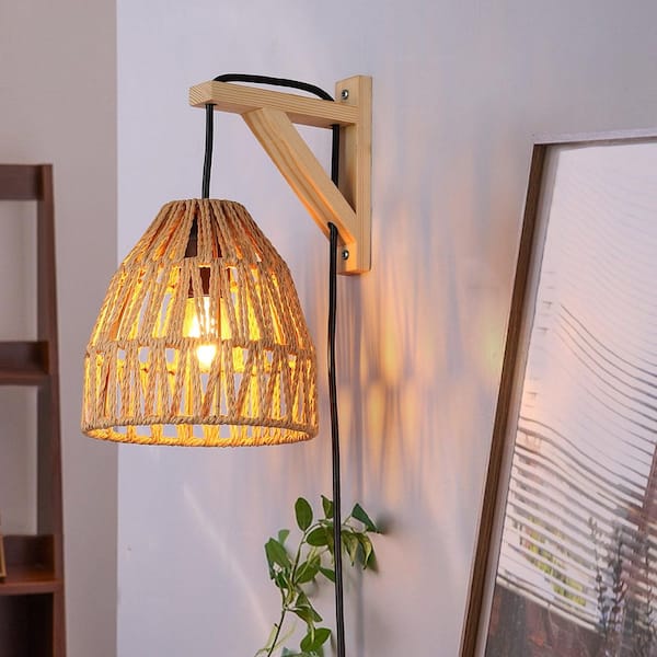 Kitchen Island 6.7 in. 1 Light Wood Base Plug in Wall Sconces with Rope Sade, Rustic Adjustable Height Wall Lamp