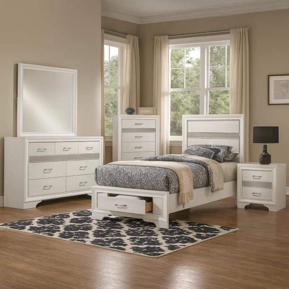 Vino 5-Piece White Wood Twin Bedroom Set with Storage Dresser, Nightstand, Chest and Mirror