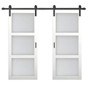 72 in. x 84 in. 3 Lite Ready to Hang Frosted Glass White MDF Double Sliding Barn Door with Hardware Kit and Handle