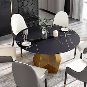 53 in. Black Circular Sintered Stone Tabletop Bronze Pedestal Base Kitchen Dining Table (Seats-6)