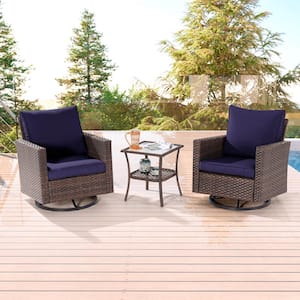 3-Piece Brown Wicker Outdoor Swivel Rocking Chairs Patio Bistro Set with Side Table Navy Blue Cushion