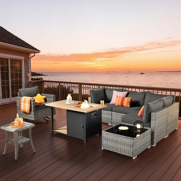 Sanibel Gray 8-Piece Wicker Patio Conversation Sofa Set with a Swivel Chair, a Storage Fire Pit and Black Cushions
