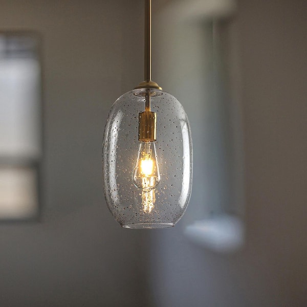 60-Watt 1-Light Gold Oval Pendant Light with Clear Seed Glass, No Bulbs Included
