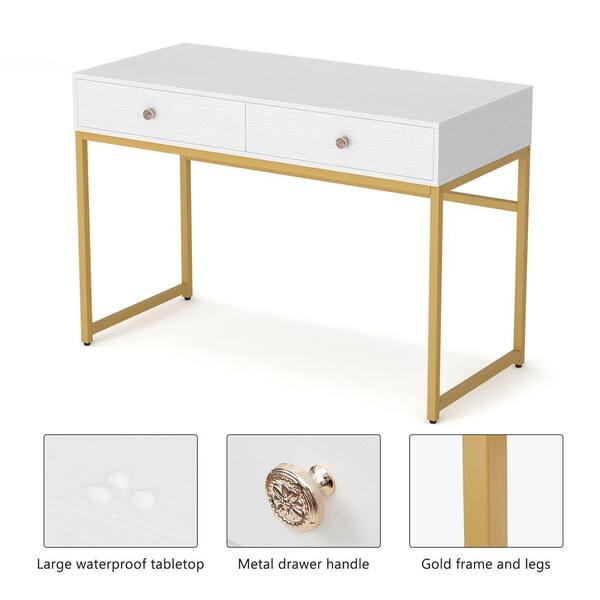 Modern White Rectangular Home Office Desk with Drawers in Gold Leg