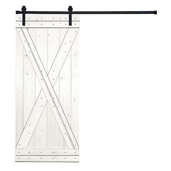 AIOPOP HOME Modern X Style Series 42 in. x 84 in. Simply White stained Knotty Pine Wood DIY Sliding Barn Door with Hardware Kit