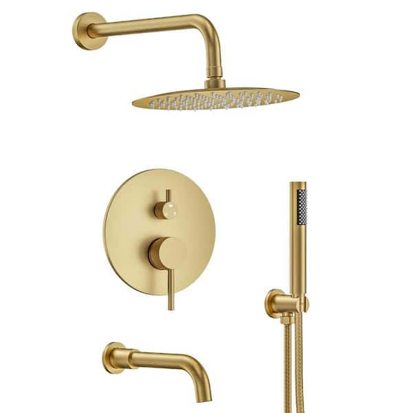 CRANACH Double Handles 3-Spray 10 in. Wall Mount Shower Head Tub and Shower Faucet 2.5 GPM in Brushed Gold(Valve Included)