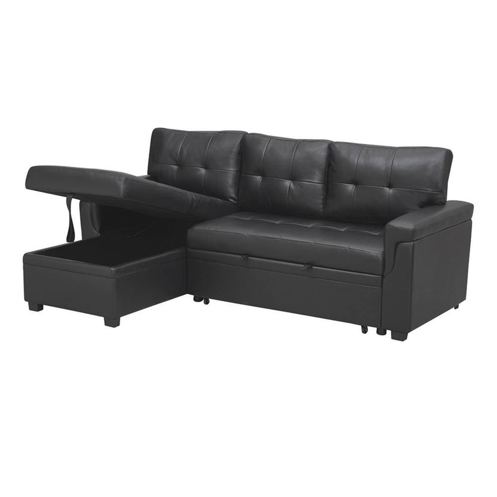HOMESTOCK Black Tufted Sectional Sofa Sleeper with Storage Twin Size