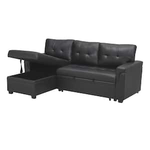 78 in W Black, Reversible Air Leather Faux LeatherSleeper Sectional Sofa Storage Chaise Pull Out Convertible Sofa