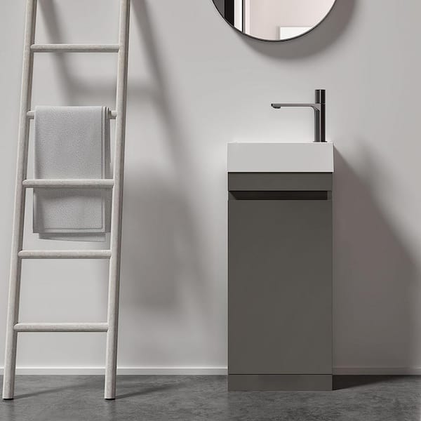 INSTER Noble 16 in. W x 8.6 in. D x 36.6 in. H Single Sink Narrow Freestanding Bath Vanity in Gray with White Solid Surface Top