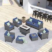 New Star Gray 8-Piece Wicker Patio Rectangle Fire Pit Conversation Seating Set with Blue Cushions