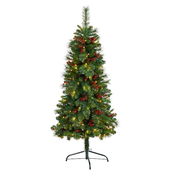 5 ft. Prelit Flat Back Montreal Mountain Pine Artificial Christmas Tree with Pinecones Berries and Bendable Branches