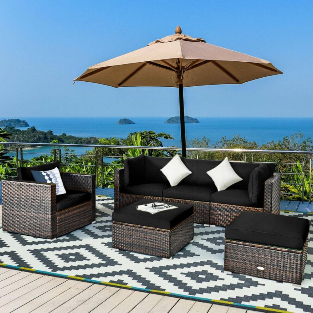 6-Piece Black Rattan Outdoor Patio Furniture Set with Cushions