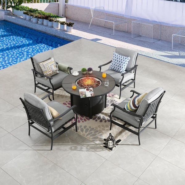 Patio Festival 5-Piece Metal Patio Fire Pit Seating Set with Gray Cushions