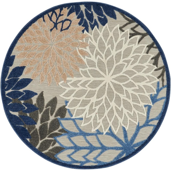 Nourison Aloha Blue/Multicolor 4 ft. x 4 ft. Round Floral Modern Indoor/Outdoor Patio Area Rug