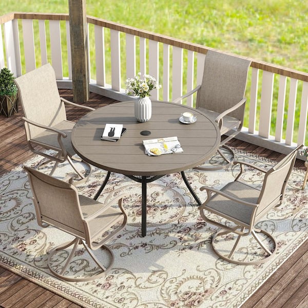 5 Piece Metal Patio Dining Set with 4 Sandshell Swivel Dining Chairs and 40.6 in. Grey Wood-Like Round Dining Table