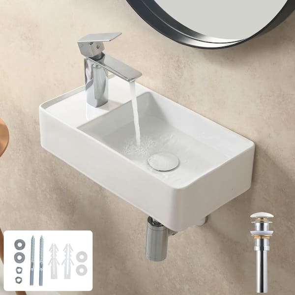 HOROW 18.11 in. x 10 in. Rectangular Ceramic Wall Hung Vessel Sink with Left Side Faucet Mount in White