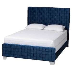 Emlyn Blue Velvet Fabric and Wood Frame Queen Panel Bed