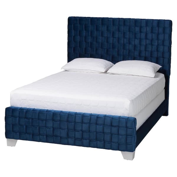Baxton Studio Emlyn Blue Velvet Fabric and Wood Frame Queen Panel Bed