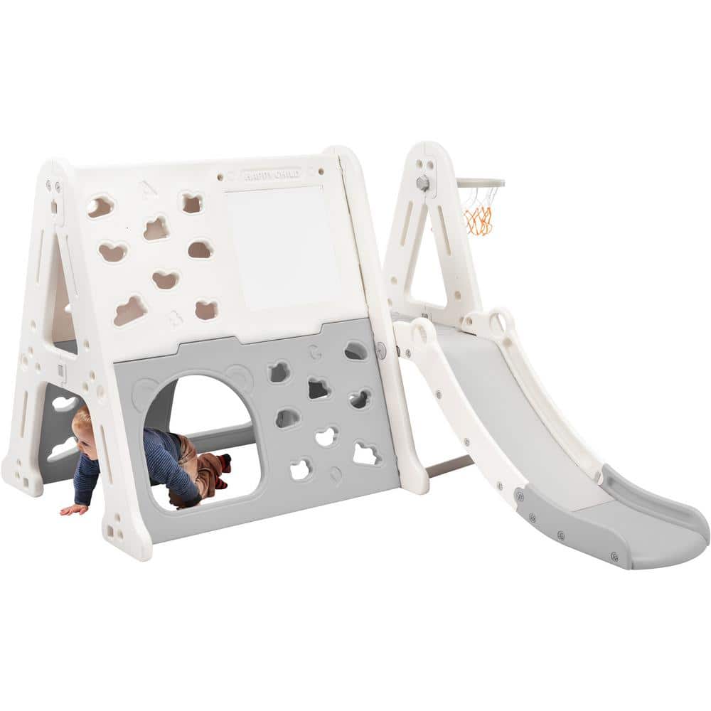 Gray 7-in-1 Kids Freestanding Playset with Tunnel, Climber, Whiteboard, Toy