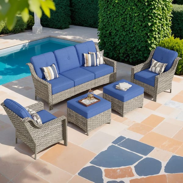 Toject Eureka Grey 5-Piece Wicker Modern Outdoor Patio Conversation Sofa Seating Set with Navy Blue Cushions