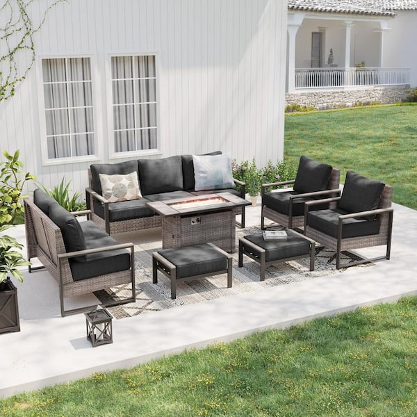 Sonkuki 7-Piece Patio Conversation Set with Fire Pit Table All-Weather Gray Wicker with Black Cushion
