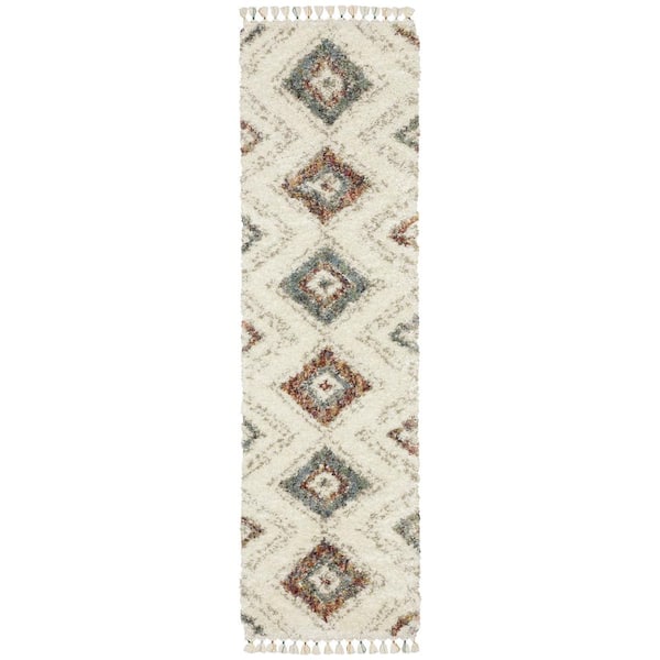 Avalon Ivory/Multi-Colored 2 ft. x 8 ft. Tribal Geometric Medallion Polypropylene Shag Tassel Indoor Runner Area Rug