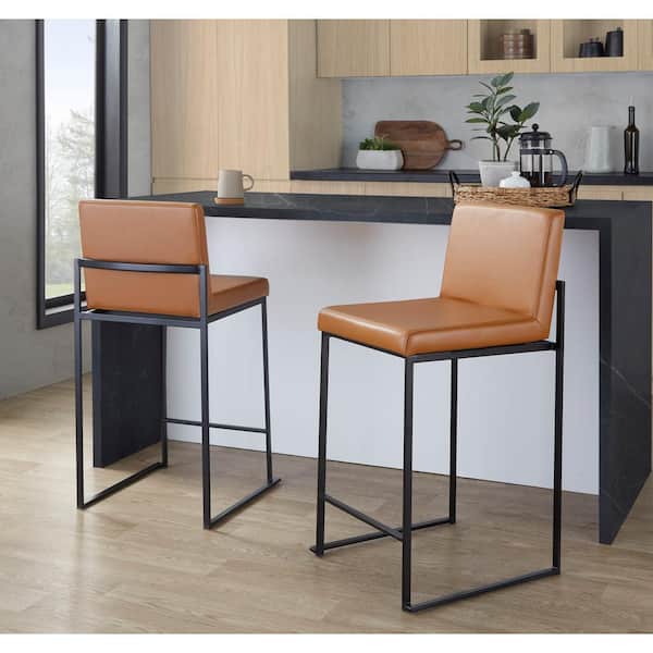 Lumisource Fuji 26 in. Camel Faux Leather and Black Metal Fixed-Height Counter Stool (Set of 2)