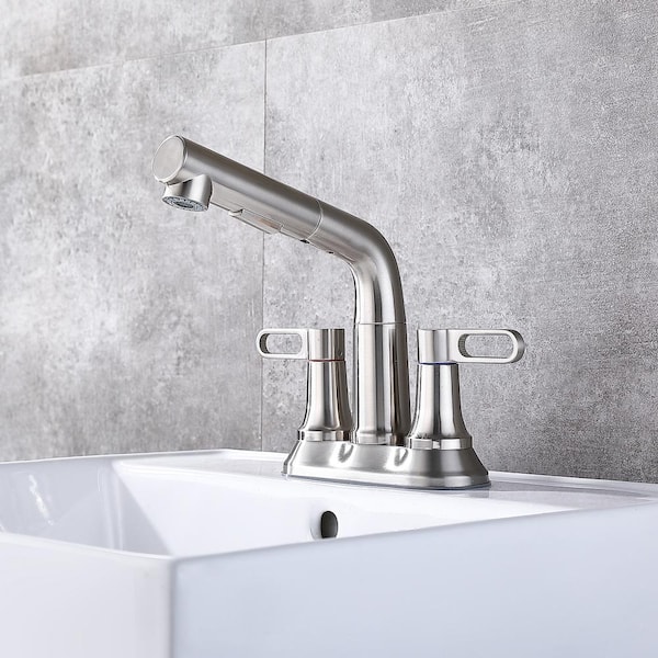 4 in. Centerest Double-Handle High-Arc Bathroom Faucet with Pull Out Sprayer, Supply Line Included in Brushed Nickel