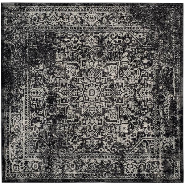 Evoke 3 ft. x 3 ft. Black/Gray Distressed Border Medallion Square Area Rug