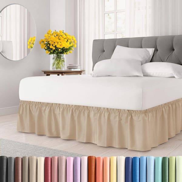 Pleated 12 in. Drop Cream Wrap Around Bed Skirt with Secure Elastic Strap for King Size Beds