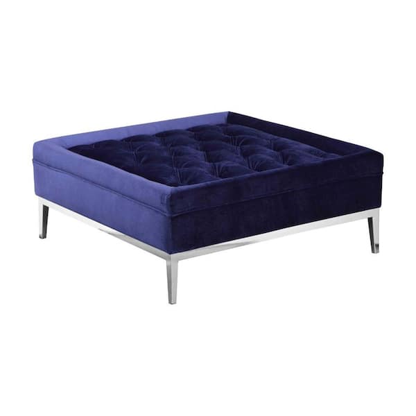 Benjara Navy Blue and Gold Velvet Square Accent Ottoman Medium