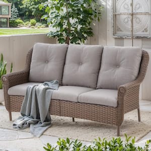 3-Seat Brown Wicker Outdoor Patio Couch with Gray Cushions and Chrysanthemum Armrest