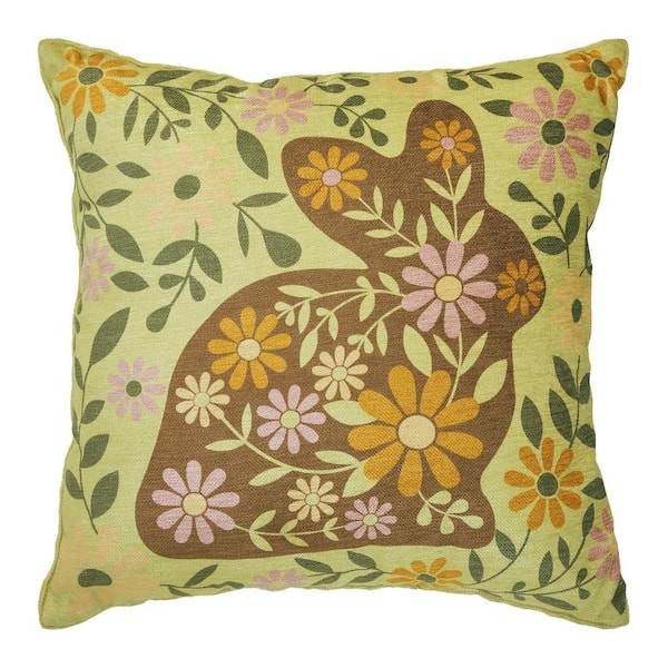 Bunny Hop Pale Green, Light Pink, Honey Orange 12 in. x 12 in. Floral Easter Bunny Pillow