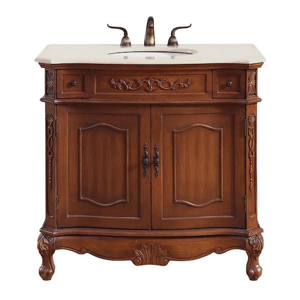 Unbranded 36 in. W x 21 in. D x 21 in. H Single Bathroom Vanity in Brown with White Marble Vanity Top and White Basin
