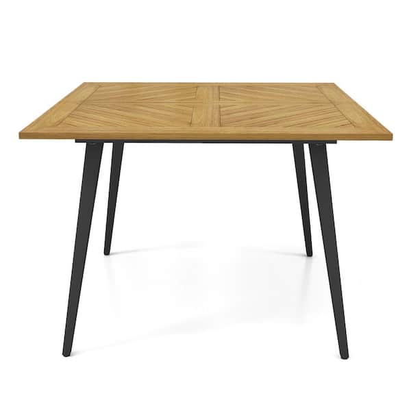 ANGELES HOME Metal Outdoor Dining Table with Acacia Wood Tabletop for Garden, Poolside and Backyard