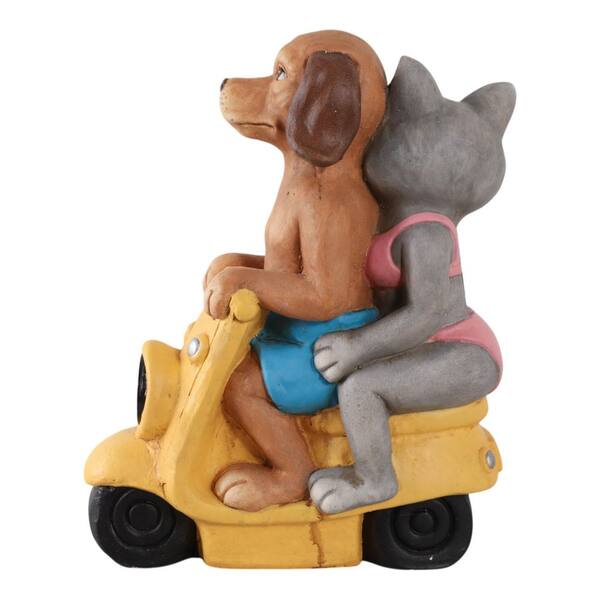 Liv & Skye 17 in. Yellow Resin Dog and Cat On Solar Scooter Garden