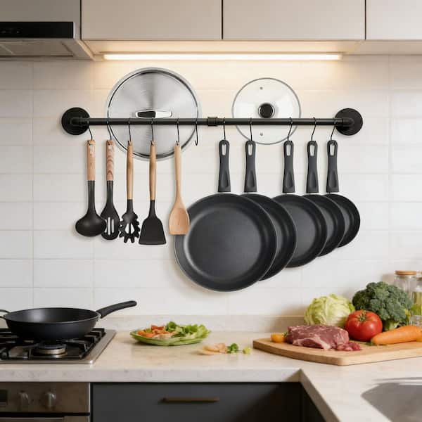 Black 38.5 in. Industrial Pipe Wall Mounted Pot Rack and Utensil Hanger, Kitchen Pot Storage Organizer
