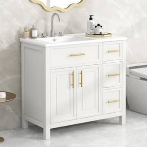 36 in. W x 18.3 in. D x 33.9 in. H Freestanding Bath Vanity in Off White w/ White Ceramic Top Sink 2 Doors and 3-Drawers