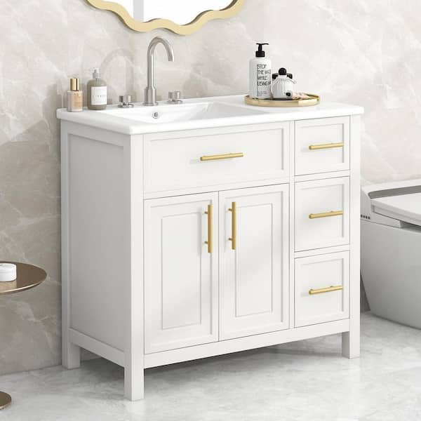 36 in. W x 18.3 in. D x 33.9 in. H Freestanding Bath Vanity in Off White w/ White Ceramic Top Sink 2 Doors and 3-Drawers